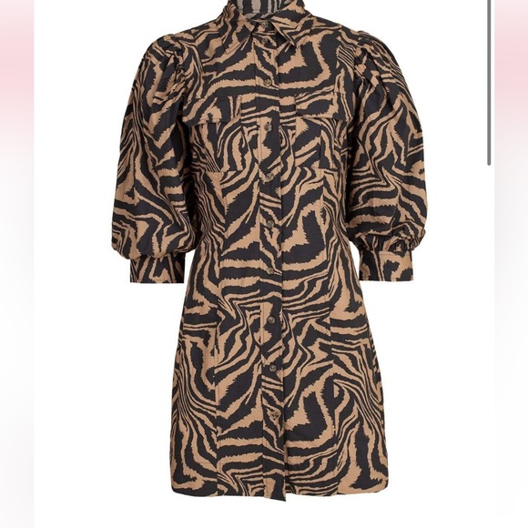 Ganni Puff-Sleeve Tiger-Print Cotton Shirtdress Shift Dress Button Down Collared - Picture 8 of 9